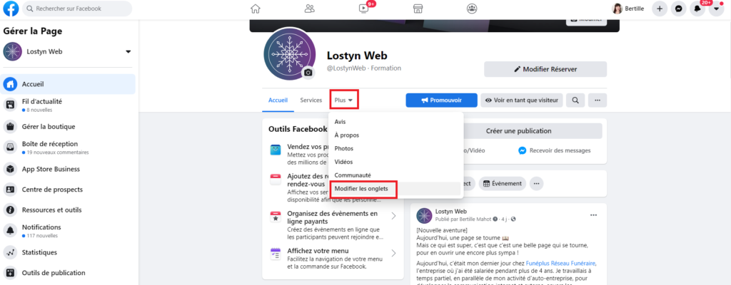 modifier les onglets page Facebook